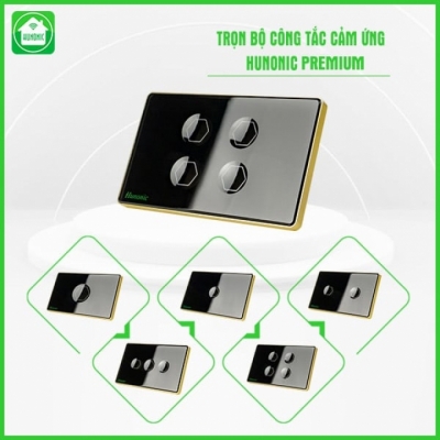 Công tắc HUNONIC Premium chữ nhật viền vàng Công tắc HUNONIC Premium chữ nhật viền vàng