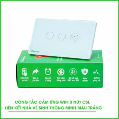 Công tắc wifi 3 nút liên kết nhà vệ sinh thông minh HUNONIC màu trắng Công tắc wifi 3 nút liên kết nhà vệ sinh thông minh HUNONIC màu trắng